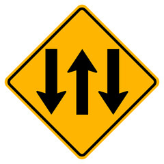 Warning signs Three Lane Traffic Road on white background