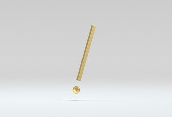 3d illustration of the symbol ! in gold metal on a white isolated background