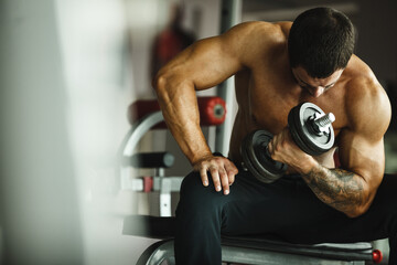 Fototapeta na wymiar Fitness in gym, sport and healthy lifestyle concept. Handsome athletic man with naked torso making exercises. Bodybuilder male model training biceps muscles with dumbbell