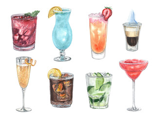 Watercolor illustration of a cocktail on a white background