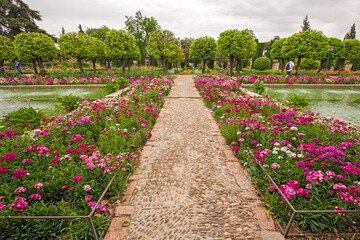 View of the flowery gardens of the Alc&aacute;zar de los Reyes Cristianos in Cordoba, Spain.