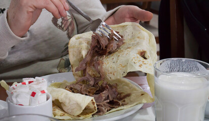 Female preparing Turkish Doner Kebab on plate. Arabic traditional doner with pita bread / lavash. Protein nutrition, clean eating, diet concept. Turkish, greek, middle eastern style fresh doner kebab.