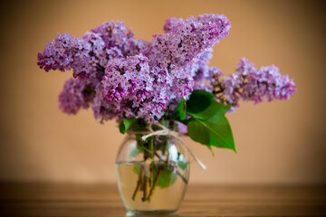 bouquet of beautiful spring flowers of lilac on an orange