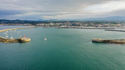 Aerial view of sailing boats, ships and yachts in Dun Laoghaire marina harbour, Ireland