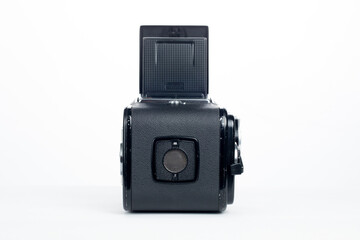 kuala lumpur, malaysia - 2nd June 2020. back view of hasselblad 500c/m medium format film camera isolated in white background