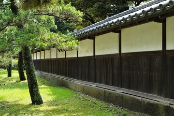 Pine trees and Japanese old style architecture white wall. At Kanagawa, Japan.