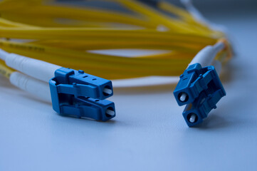 Cable and connectors for Internet connection. Details in telecommunications. Small details of great technology. RJ-45. Ethernet cable.