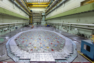 Nuclear power plant. Central hall of the nuclear reactor, reactor lid, maintenance and replacement...