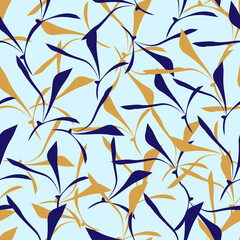 Abstract bright seamless pattern. Gold and purple petals on a blue background