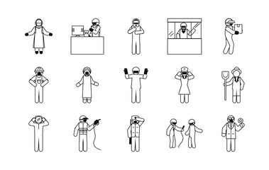 pictogram policeman and essential workers icon set, line style