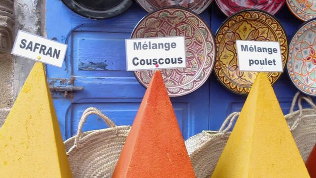Vibrant Colored Spices Pyramids On The Market Counter, Essaouira, Morocco