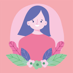 young woman cartoon character portrait flowers foliage design