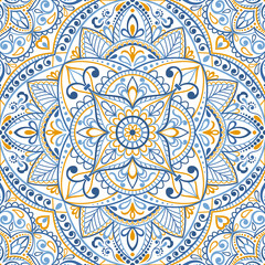 Seamless background  Eastern style. Mandala ornament. Arabic  Pattern. Elements of flowers and leaves. Vector illustration. Use for wallpaper, print packaging paper, textiles.