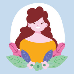 young woman cartoon character portrait flowers foliage design
