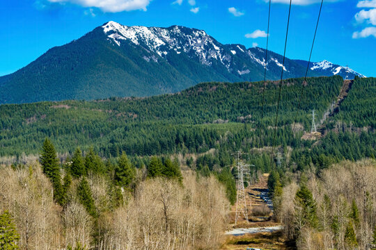 Electric Lines Snow Capped Mountains Snoqualme Valley Trail North Bend Washington