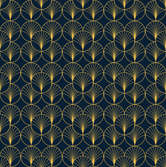 Vintage elegant Art Deco style seamless pattern with fan shape golden motifs on dark blue background. Geometric abstract texture vector pattern.