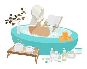 Bath time concept. Young woman lying in the bath full of soap foam and reading a book. Spa procedure. Trendy hand-drawn vector cartoon flat illustration.	