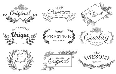 Floral ornament label. Flowers and branches emblem, decorative leaf frame and ornamental framed text vector template set. Floral ornament decoration, leaf branch emblem wedding illustration