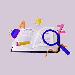 Open book, education and research concept. 3d render