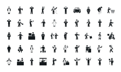 essential pictogram workers icon set, silhouette style