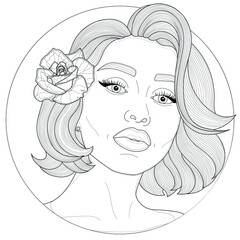 Girl with a rose in her hair.Coloring book antistress for children and adults. Illustration isolated on white background.Zen-tangle style.Black and white drawing.