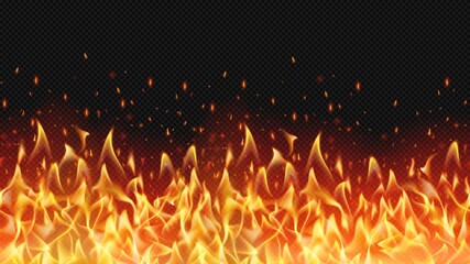 Seamless realistic fire border, flame warm design, hell decoration, texture danger bright, flaming inferno, vector illustration banner © Tartila