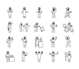 pictogram fireman and essential workers icon set, line style