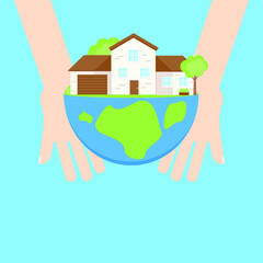 This is a facade of the house on the planet in hands. Vector illustration.