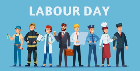 Labour day. Professional workers group, happy professionals of different jobs standing together and Labor Day poster or greeting card vector illustration. Labor day, people standing man and woman