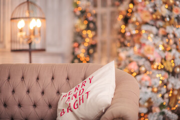 Decorated Christmas tree on blurred, sparkling and fairy background