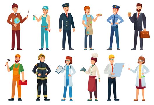 Professional workers. Different jobs professionals, labor people and workers cartoon vector illustration set. Job and work, worker or teacher, cleaner, artist and pilot