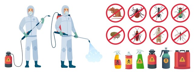 Cartoon disinfector. Disinfectors characters in protective suits with poison spray bottle. Get rid of rats and insects vector illustration set. Pest control, insect, chemical poison equipment