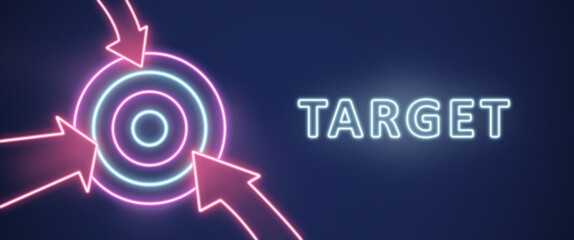 Banner with word TARGET and glowing neon arrows hitting bullseye on dark background, illustration