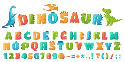 Fototapeta Cartoon dino font. Dinosaur alphabet letters and numbers, funny dinos letter signs for nursery or kindergarten kids vector illustration set. Alphabet dinosaur, abc kids letter typography obraz