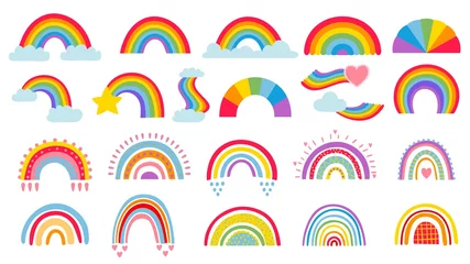Foto op Canvas Cartoon rainbow. Colourful rainbows, heart and cloud with rainbow colors tail. Hand drawn color arc vector illustration set. Cartoon rainbow doodle, graphic colorful collection © Tartila