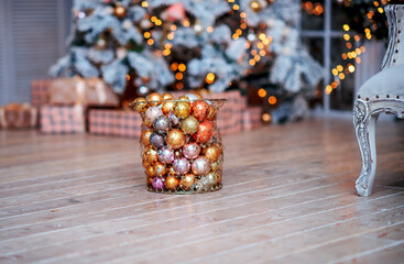 Decorated Christmas tree on blurred, sparkling and fairy background
