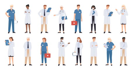 Hospital doctors and nurses. Doctor with stethoscope, nurse in scrubs and face mask. Medical student volunteer and intern character. Medical staff vector illustration. Profession physician in uniform