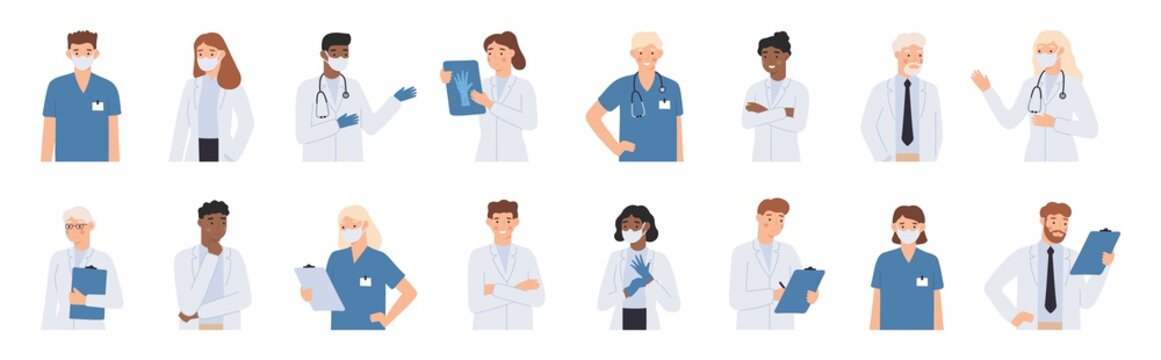 Hospital staff. Doctors in white coats portrait, nurse in face mask and medical student. Doctor with stethoscope vector illustration . Pediatrician healthcare specialist, man and woman students