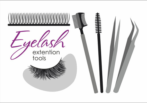Eyelash extension tools. Vector set of eyelashes, patches, brushes and tweezers
