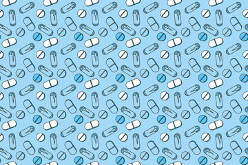 Pills and capsules of different shapes on a blue background. Seamless vector pattern