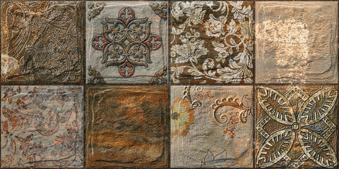 Morroccan tiles, ornaments, old paving tile, background tiles with mosaic or brown colored wall tile decor for home decoration, ceramic wall decor. rough marble design. Grunge textures.