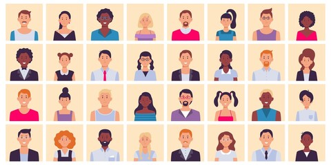 People avatar. Multiethnic people square portraits set. Multiethnic people character, diverse face person, female and male avatar, vector illustration