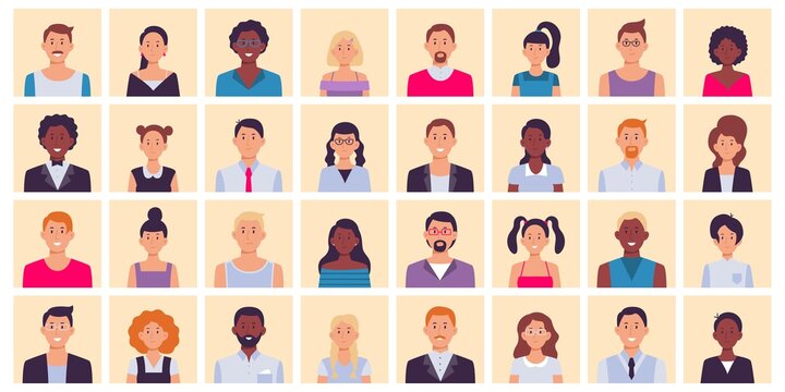 People Avatar. Multiethnic People Square Portraits Set. Multiethnic People Character, Diverse Face Person, Female And Male Avatar, Vector Illustration