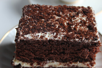 A slice of chocolate cake with white cream with a curl on a light background.