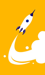 Vector business illustration of fly up spaceship on yellow color background with white cloud trace.