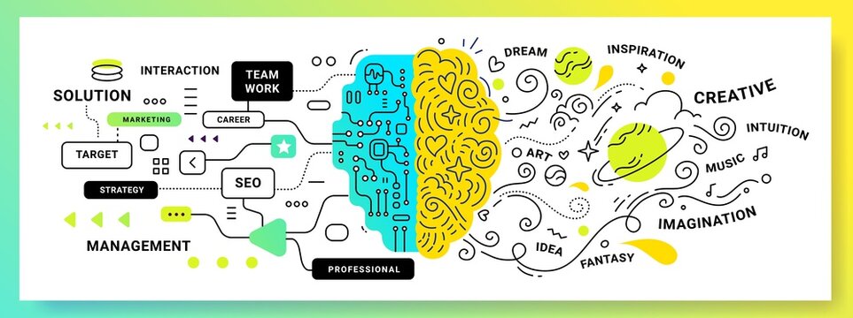 Left and right cerebral hemisphere creative and analytical. Vector creative illustration of human brain with icon and tag word on white background.