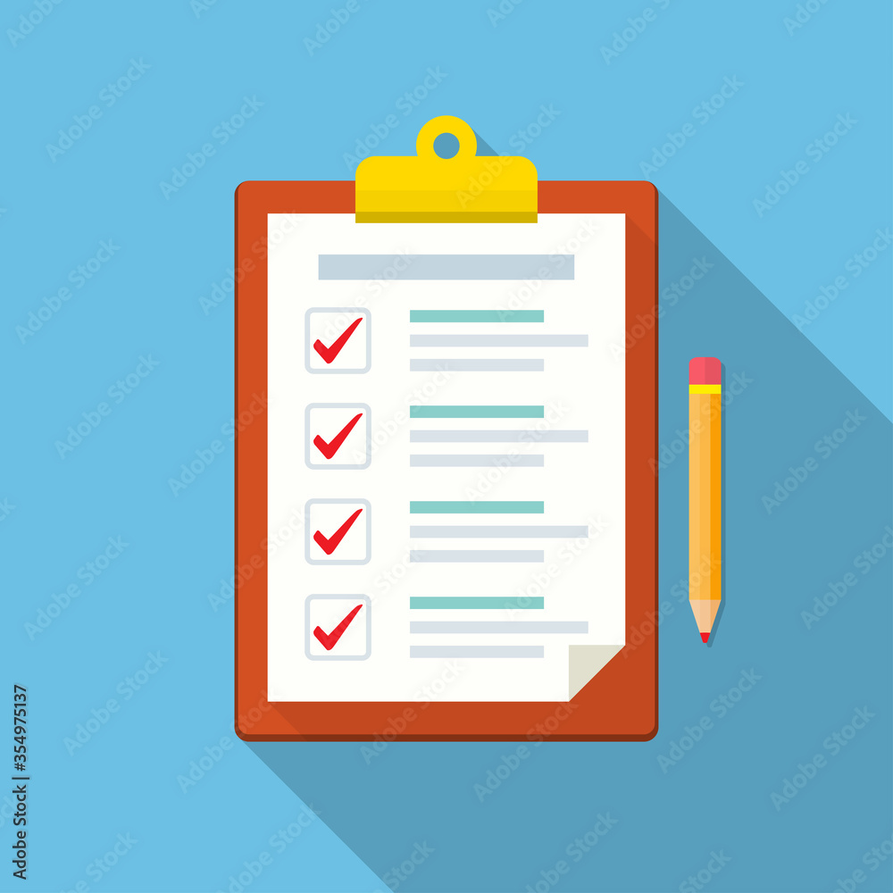 Poster clipboard with checklist and pencil icon with long shadow