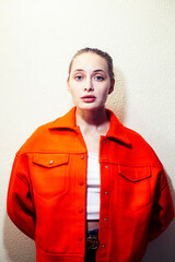 young pretty woman with blond hair on white background, sensual makeup, fashion look, lifestyle people concept