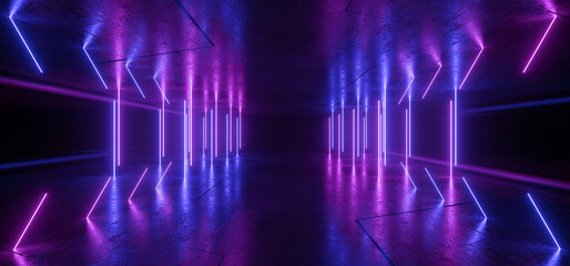 Neon Glowing Sci Fi  Glowing Purple Blue Futuristic Laser Beams Bouncing On Dark Grunge Concrete Tiled Floor Night Stage Showroom Garage Warehouse Cyber Background 3D Rendering