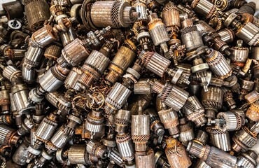 scrap yard of car's start motor rotor for recycling